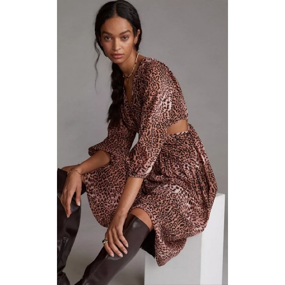 Anthropologie Ranna Gill Leopard Printed Cut Out Midi Dress XS - Picture 3 of 9